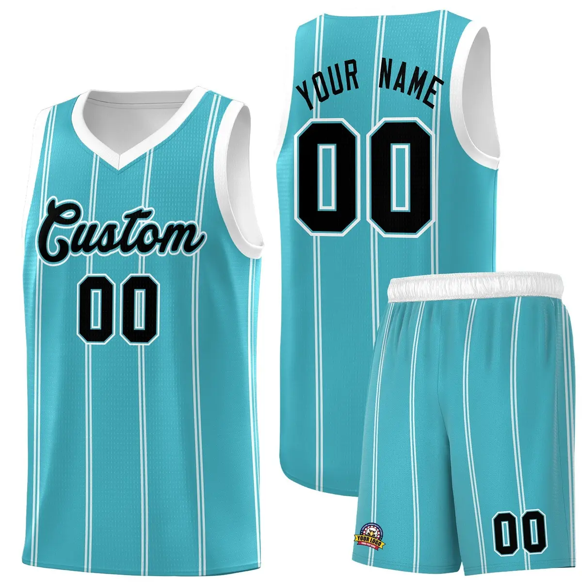 Sky Blue White Black Vertical Stripes Basketball Jersey Set