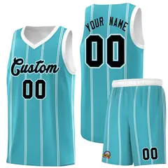 Sky Blue White Black Vertical Stripes Basketball Jersey Set 1