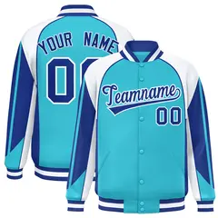 Sky Blue White Color Block Varsity Raglan Letterman Jacket