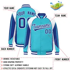 Sky Blue White Color Block Varsity Raglan Letterman Jacket 2