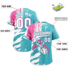 Sky Blue White Pink Full-Snap Tiger Graffiti Baseball Jersey 2