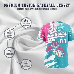 Sky Blue White Pink Full-Snap Tiger Graffiti Baseball Jersey 3