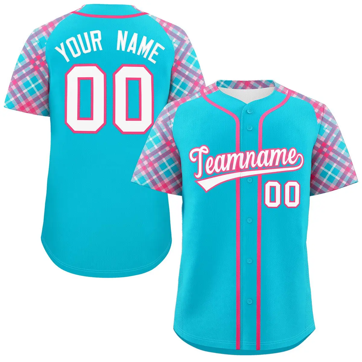 Sky Blue White-Pink Raglan Sleeves Authentic Baseball Jersey