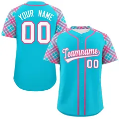 Sky Blue White-Pink Raglan Sleeves Authentic Baseball Jersey 1