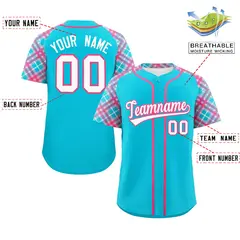 Sky Blue White-Pink Raglan Sleeves Authentic Baseball Jersey 2