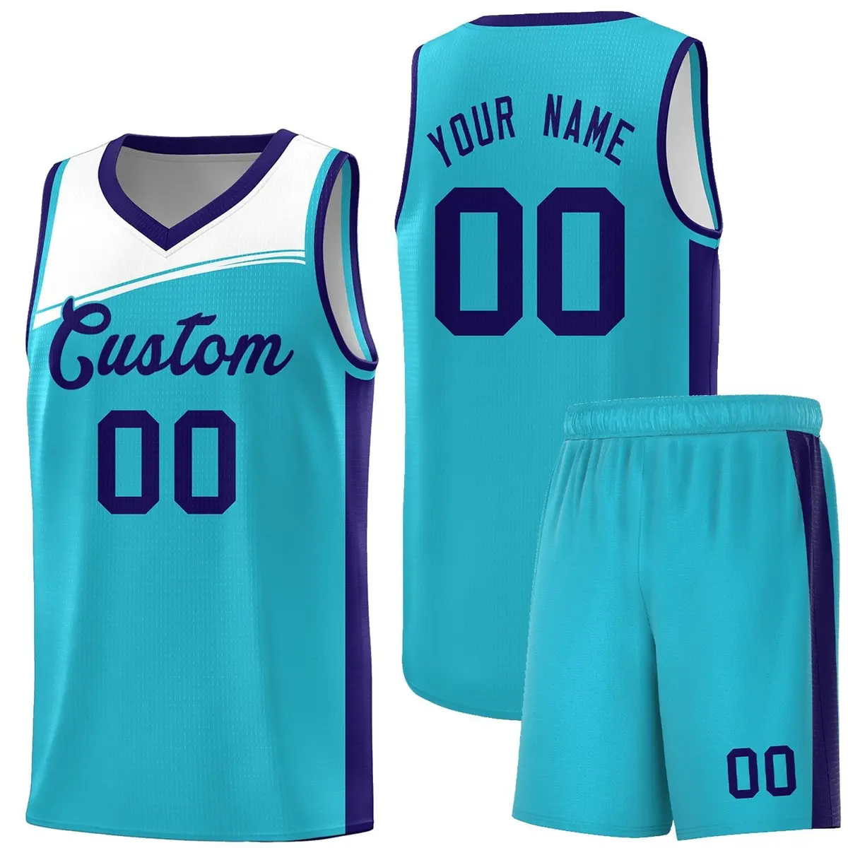 Sky Blue White-Purple Color Block Basketball Team Jersey
