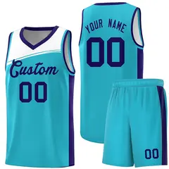 Sky Blue White-Purple Color Block Basketball Team Jersey