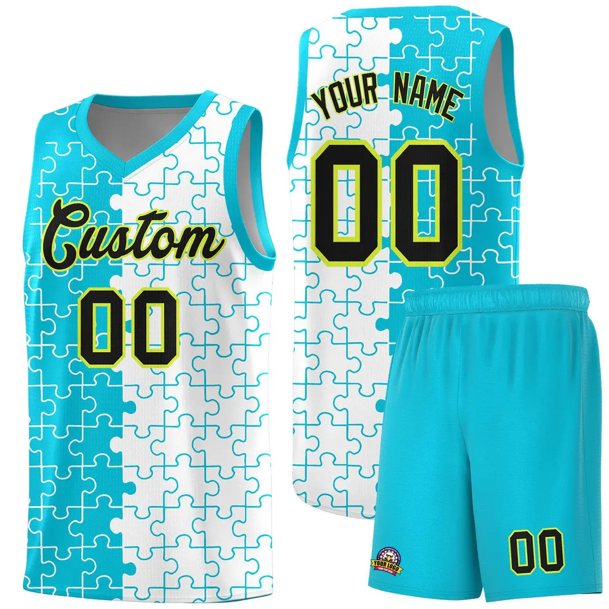 Sky Blue White Puzzle Pattern Splid Basketball Kits