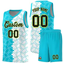 Sky Blue White Puzzle Pattern Splid Basketball Kits 1