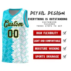 Sky Blue White Puzzle Pattern Splid Basketball Kits 2