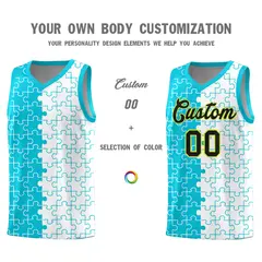 Sky Blue White Puzzle Pattern Splid Basketball Kits 3
