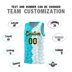 Sky Blue White Puzzle Pattern Splid Basketball Kits 4
