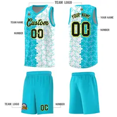 Sky Blue White Puzzle Pattern Splid Basketball Kits 5