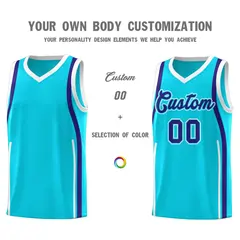 Sky Blue White-Royal Ribbon Pattern Basketball Kits 3