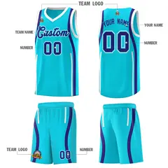 Sky Blue White-Royal Ribbon Pattern Basketball Kits 5