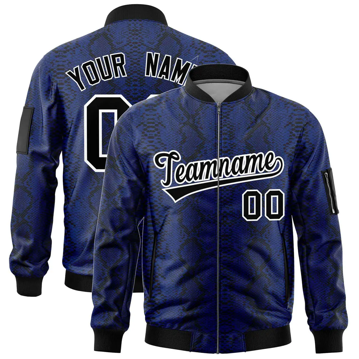 Snake Pattern Varsity Full-Zip Letterman Bomber Jacket