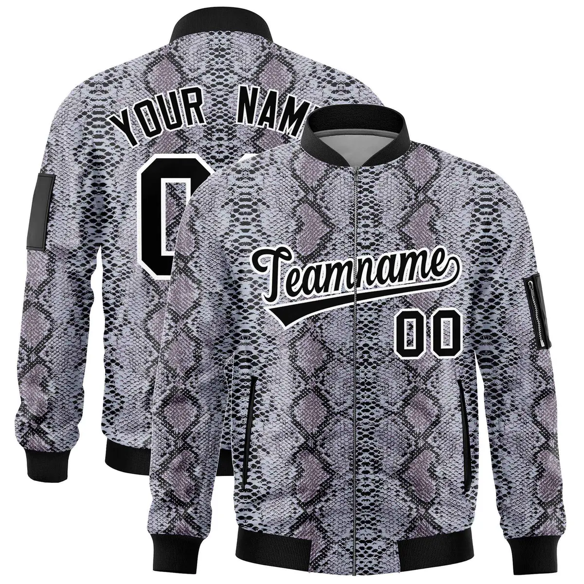 Snake Pattern Varsity Full-Zip Letterman Bomber Jacket
