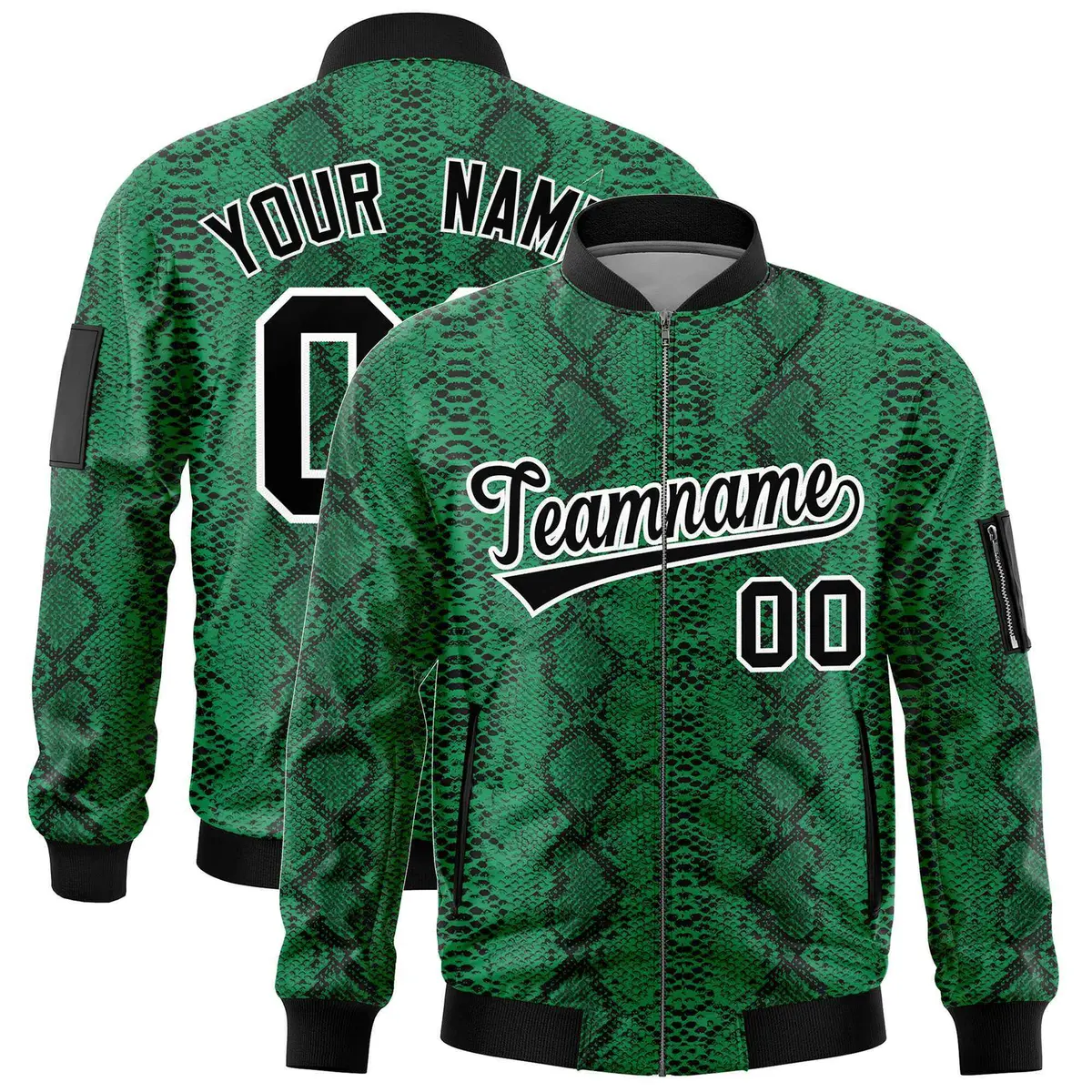 Snake Pattern Varsity Full-Zip Letterman Bomber Jacket