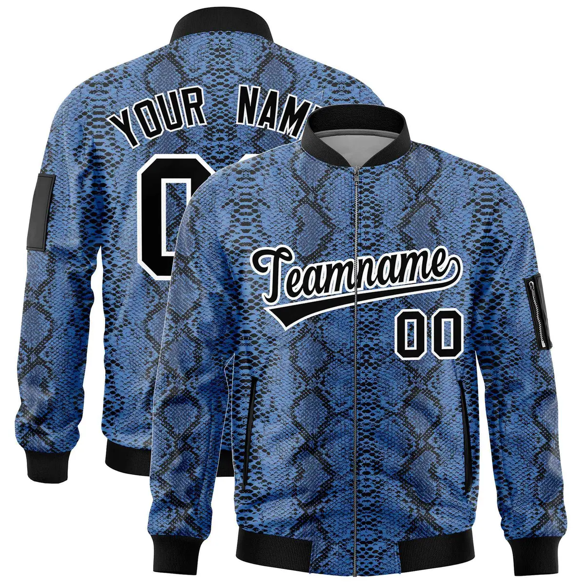 Snake Pattern Varsity Full-Zip Letterman Bomber Jacket