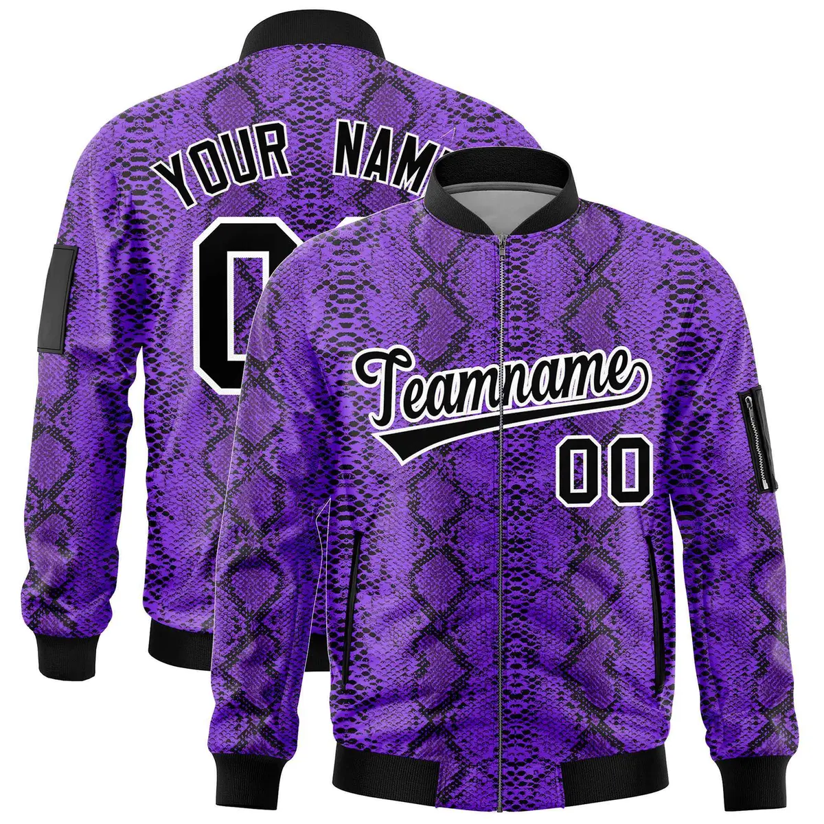 Snake Pattern Varsity Full-Zip Letterman Bomber Jacket