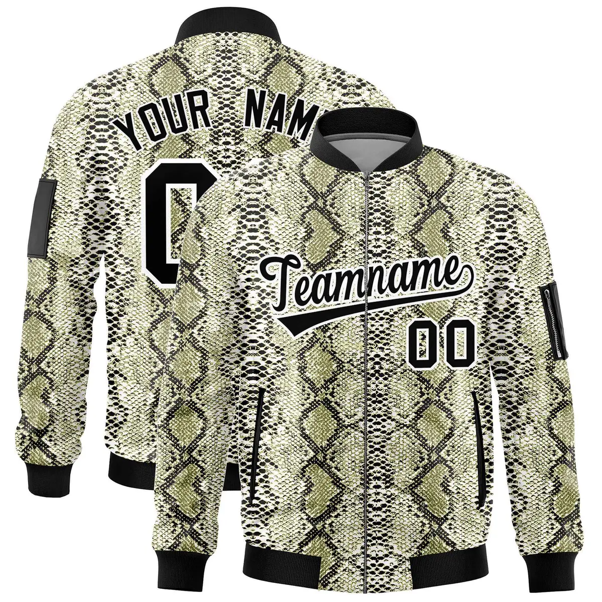 Snake Pattern Varsity Full-Zip Letterman Bomber Jacket