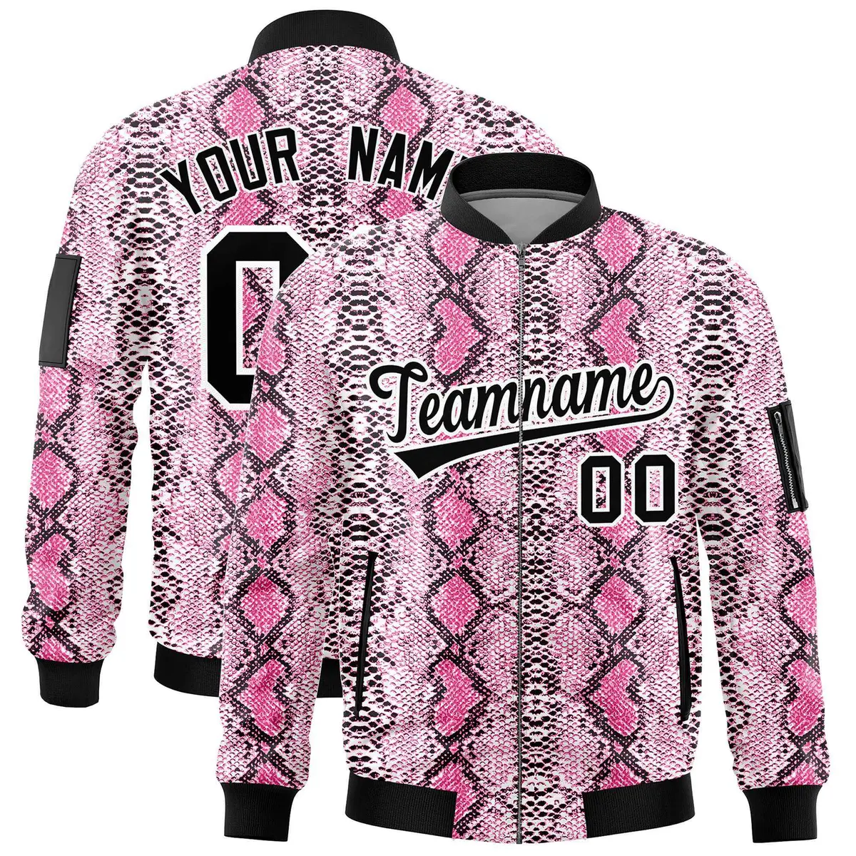 Snake Pattern Varsity Full-Zip Letterman Bomber Jacket