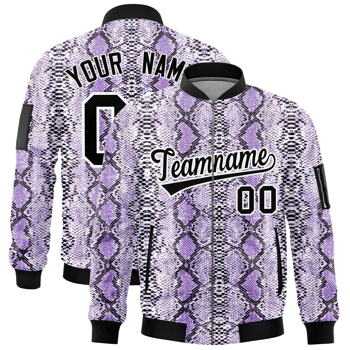 Snake Pattern Varsity Full-Zip Letterman Bomber Jacket