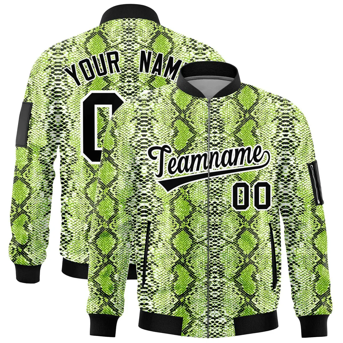 Snake Pattern Varsity Full-Zip Letterman Bomber Jacket