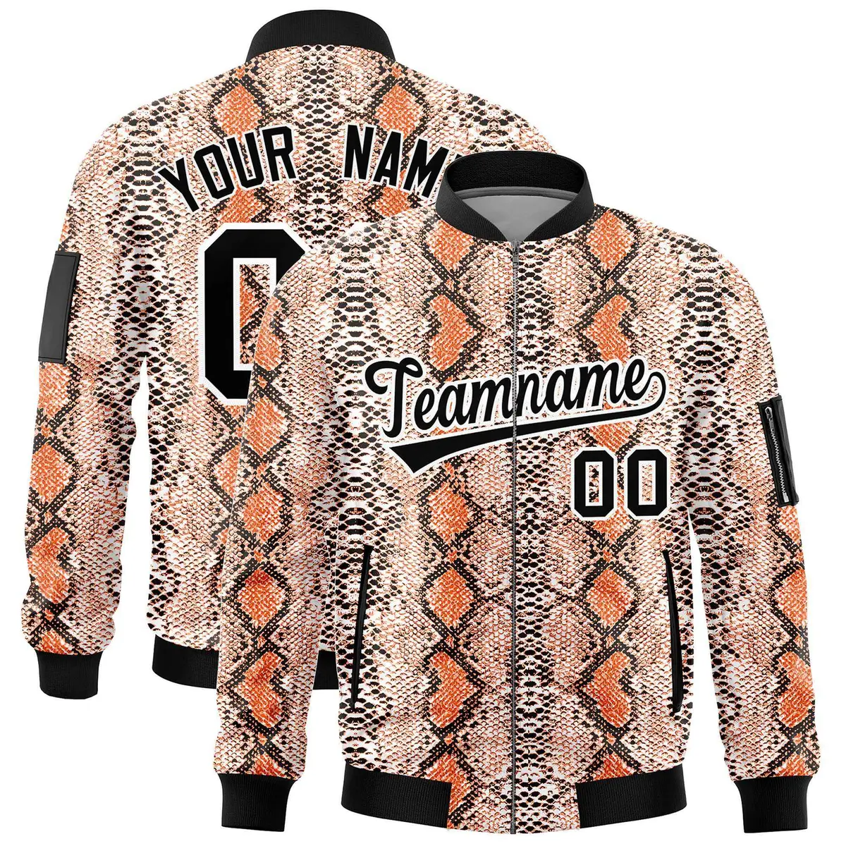 Snake Pattern Varsity Full-Zip Letterman Bomber Jacket