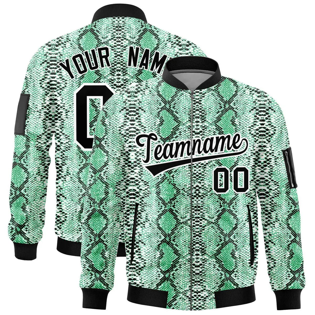 Snake Pattern Varsity Full-Zip Letterman Bomber Jacket