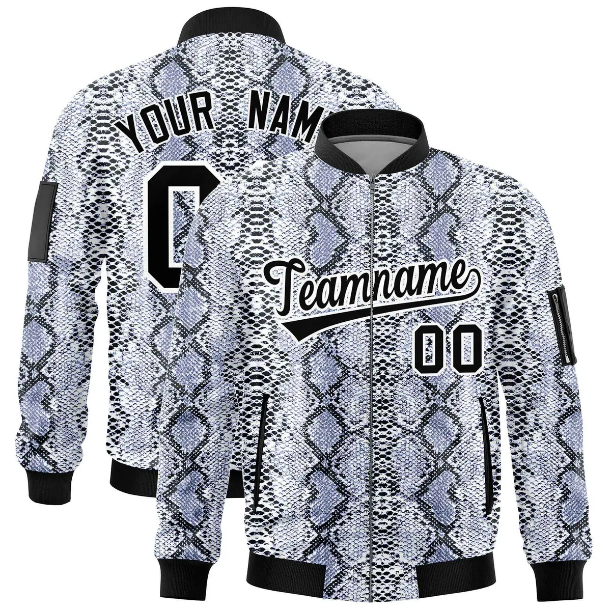 Snake Pattern Varsity Full-Zip Letterman Bomber Jacket