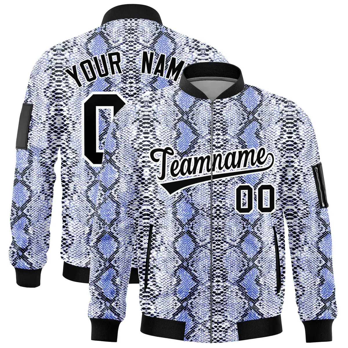 Snake Pattern Varsity Full-Zip Letterman Bomber Jacket