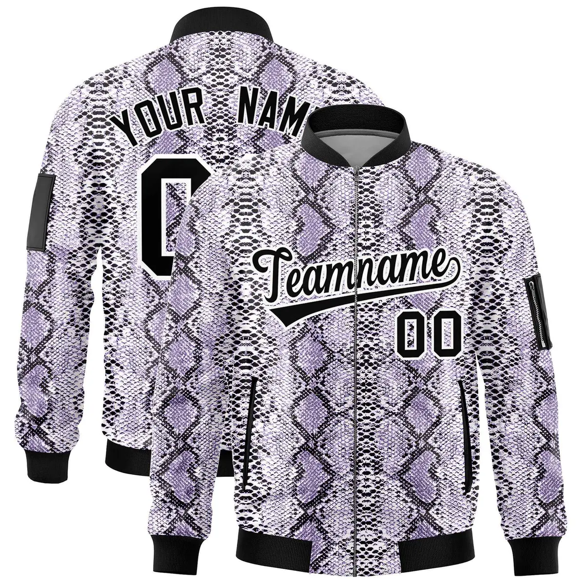 Snake Pattern Varsity Full-Zip Letterman Bomber Jacket