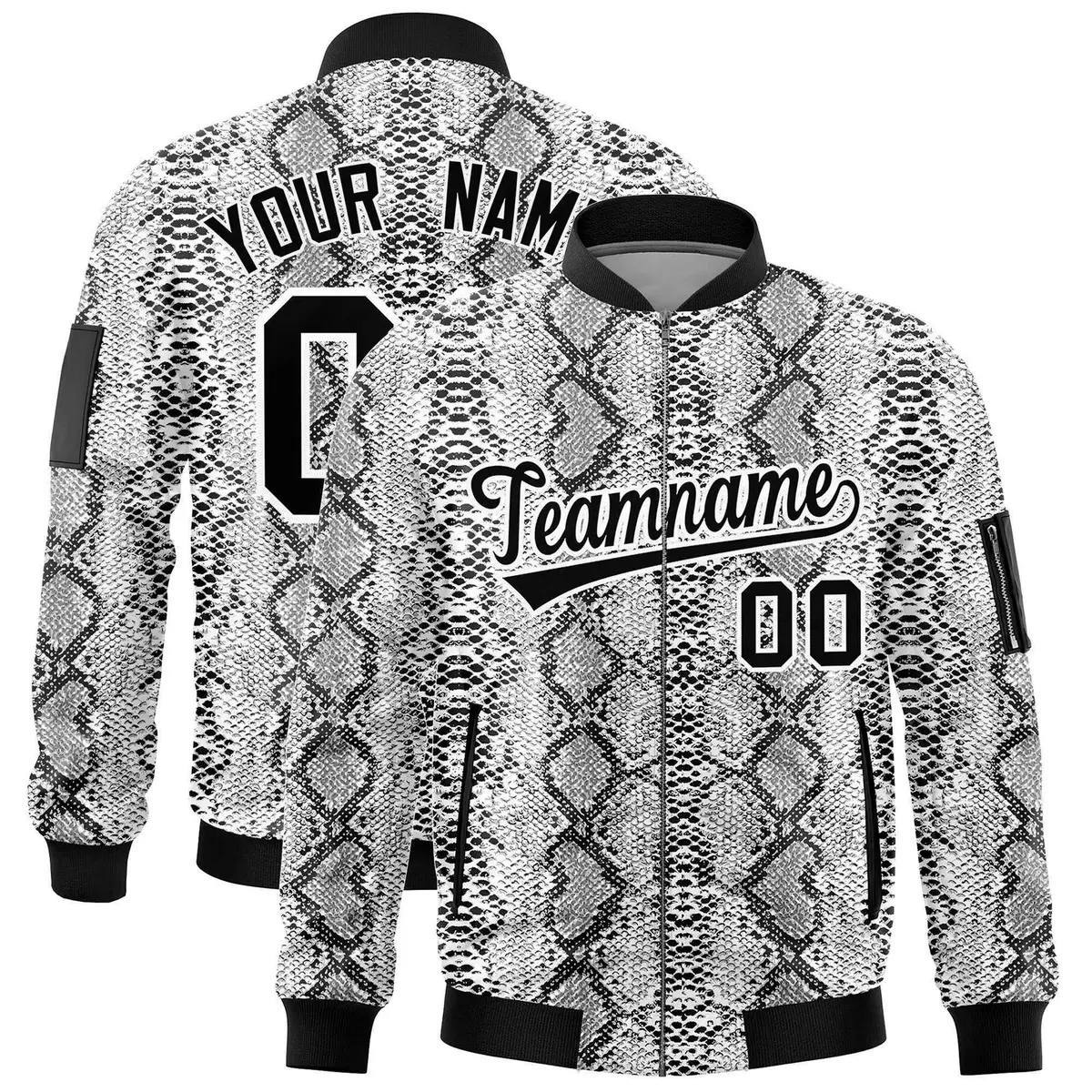 Snake Pattern Varsity Full-Zip Letterman Bomber Jacket