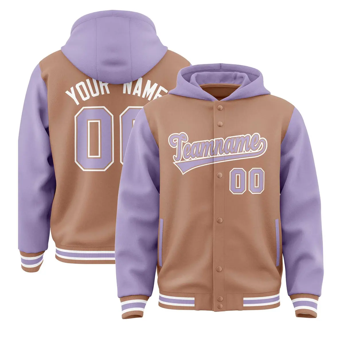 Teabrown Light Purple Raglan Varsity Full-Snap Letterman Jacket Hoodie