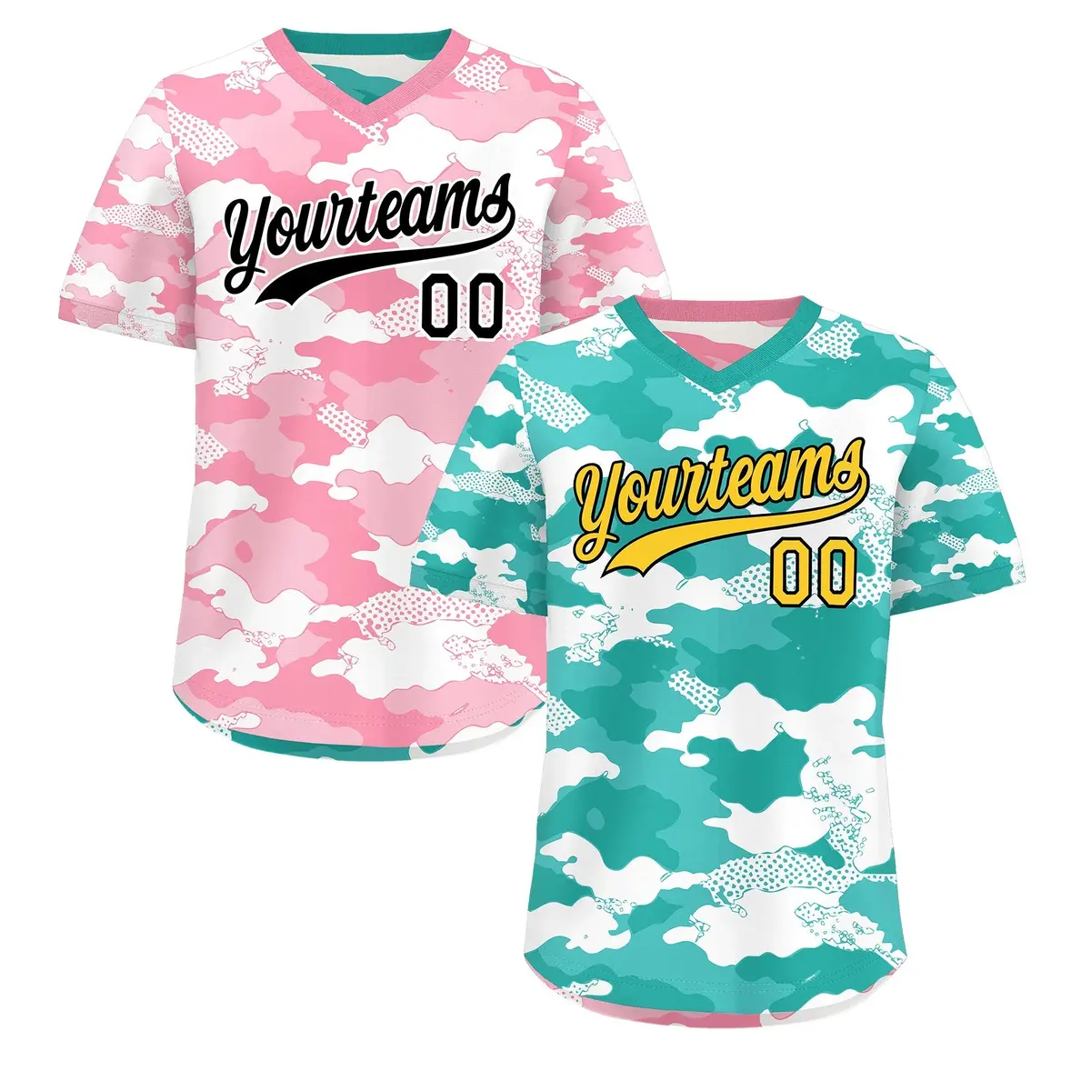 Teal Aqua Light Pink Camo Reversible Pullover Baseball Jersey