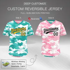 Teal Aqua Light Pink Camo Reversible Pullover Baseball Jersey 2