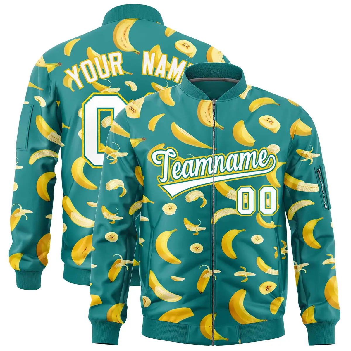 Teal Banana Pattern Varsity Letterman Bomber Jacket
