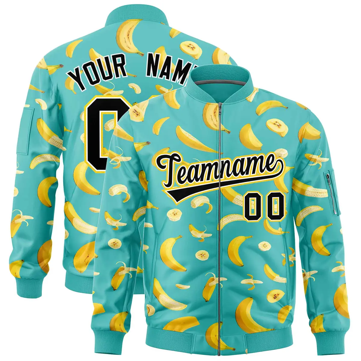 Teal Banana Pattern Varsity Letterman Bomber Jacket
