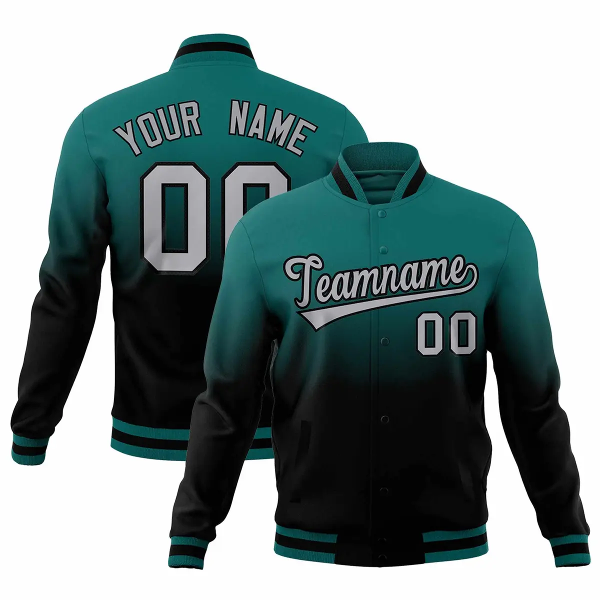 Teal Black Gradient Full-Snap Varsity Letterman Jacket