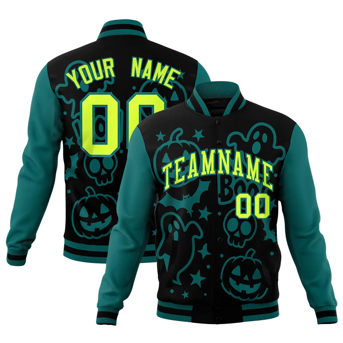 Teal Black Neon Green Halloween Bats Pumpkins Ghost Letterman Jacket