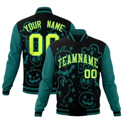 Teal Black Neon Green Halloween Bats Pumpkins Ghost Letterman Jacket