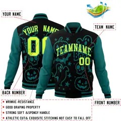 Teal Black Neon Green Halloween Bats Pumpkins Ghost Letterman Jacket 2