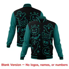 Teal Black Neon Green Halloween Bats Pumpkins Ghost Letterman Jacket 7