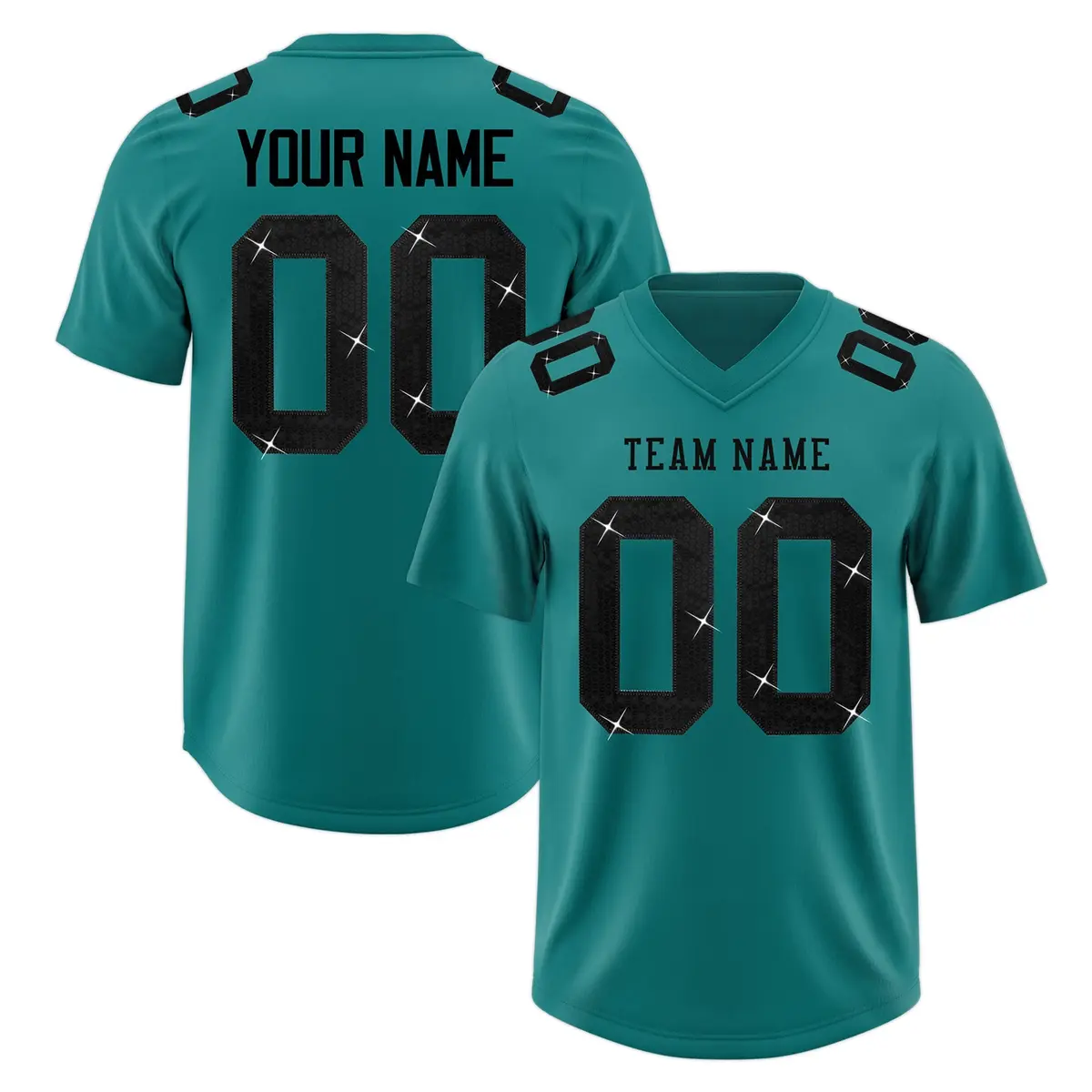 Teal Black Sequin Lettering Breathable Football Jersey