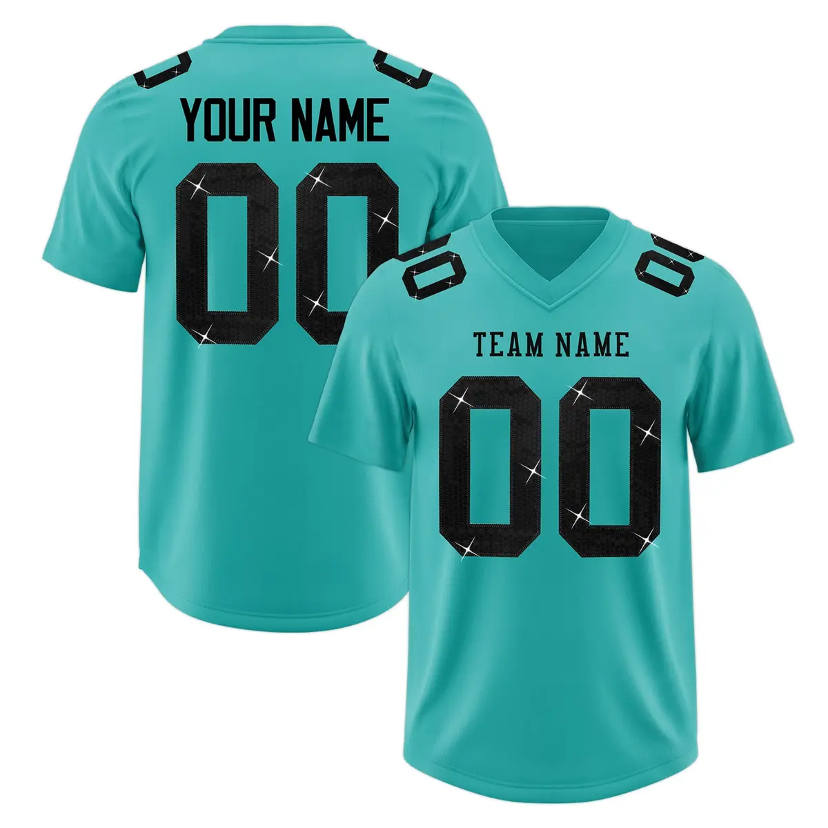 Teal Black Sequin Lettering Football Jersey