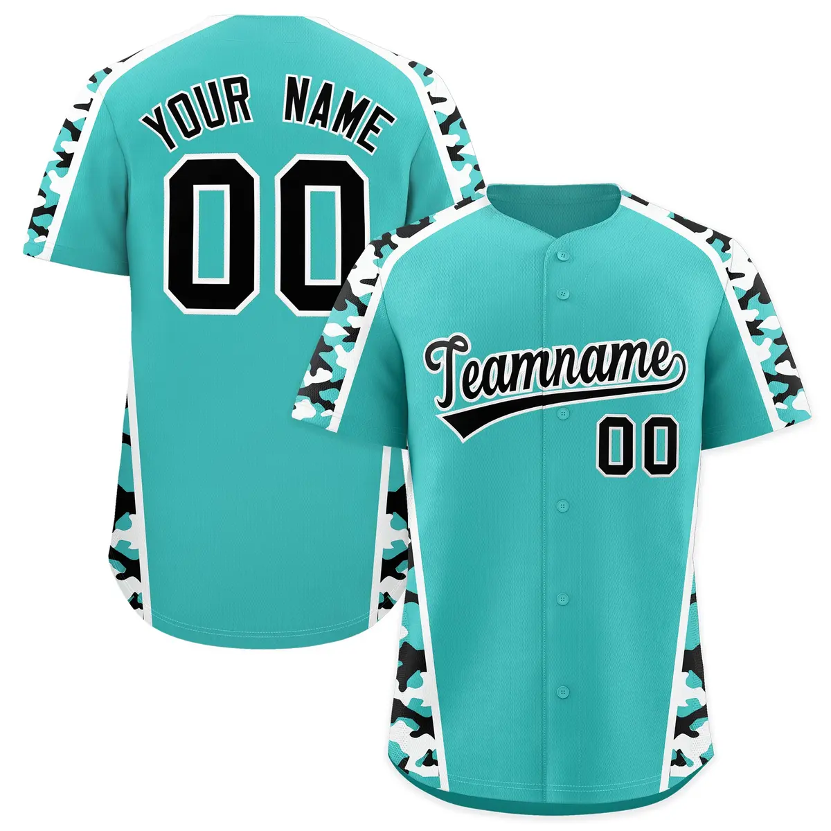 Teal Black Side Camo Baseball Jersey