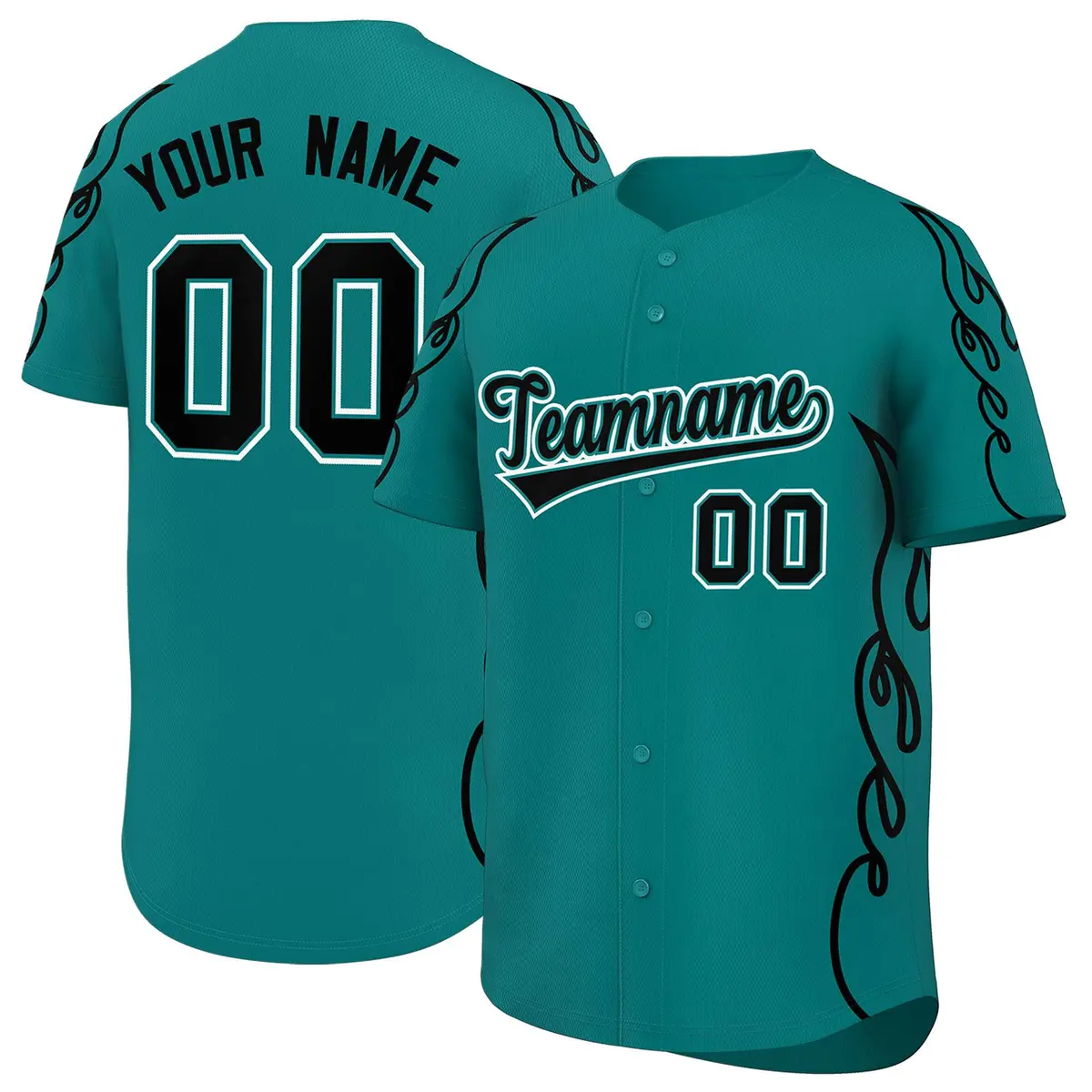 Teal Black Side Flame Outline Baseball Jersey