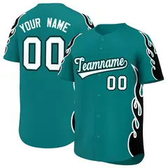 Teal Black Side Flame Outline Baseball Jersey 1