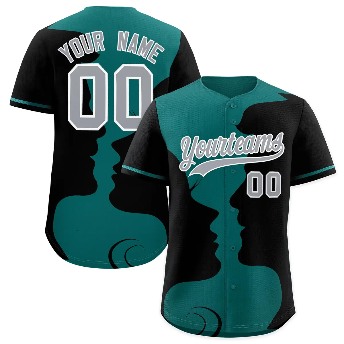 Teal Black Valentine's Day Couple Silhouettes Baseball Jersey
